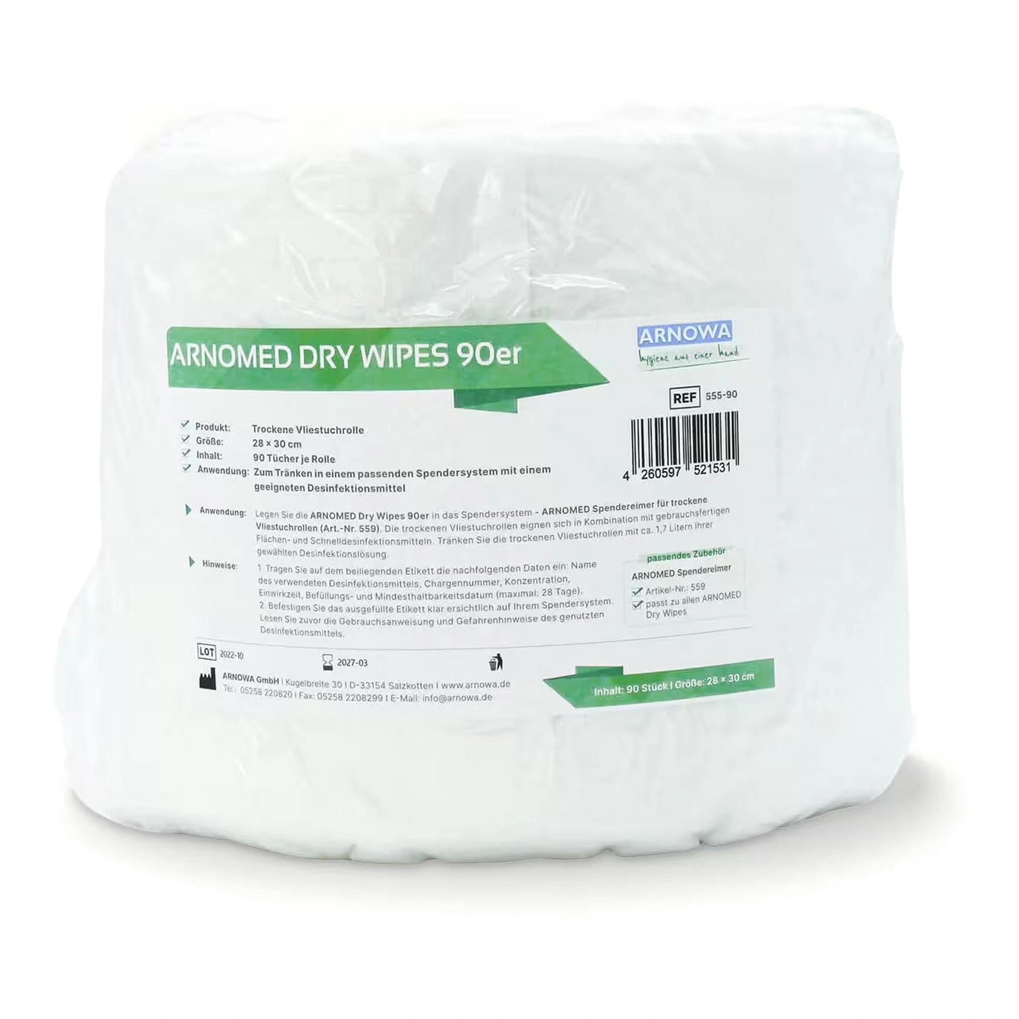 ARNOMED DRY WIPES Trockene Vliestücher, 28 x 30 cm, große trockene Vliestuchrolle von ARNOMED zur Reinigung und Tränkung mit Desinfektionsmitteln, Art.-Nr. 555-90