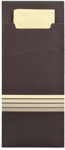 PAPSTAR 520 Bestecktaschen 20 cm x 8,5 cm schwarz/creme "Stripes" inkl. farbiger Serviette 33 x 33 cm 2-lag.