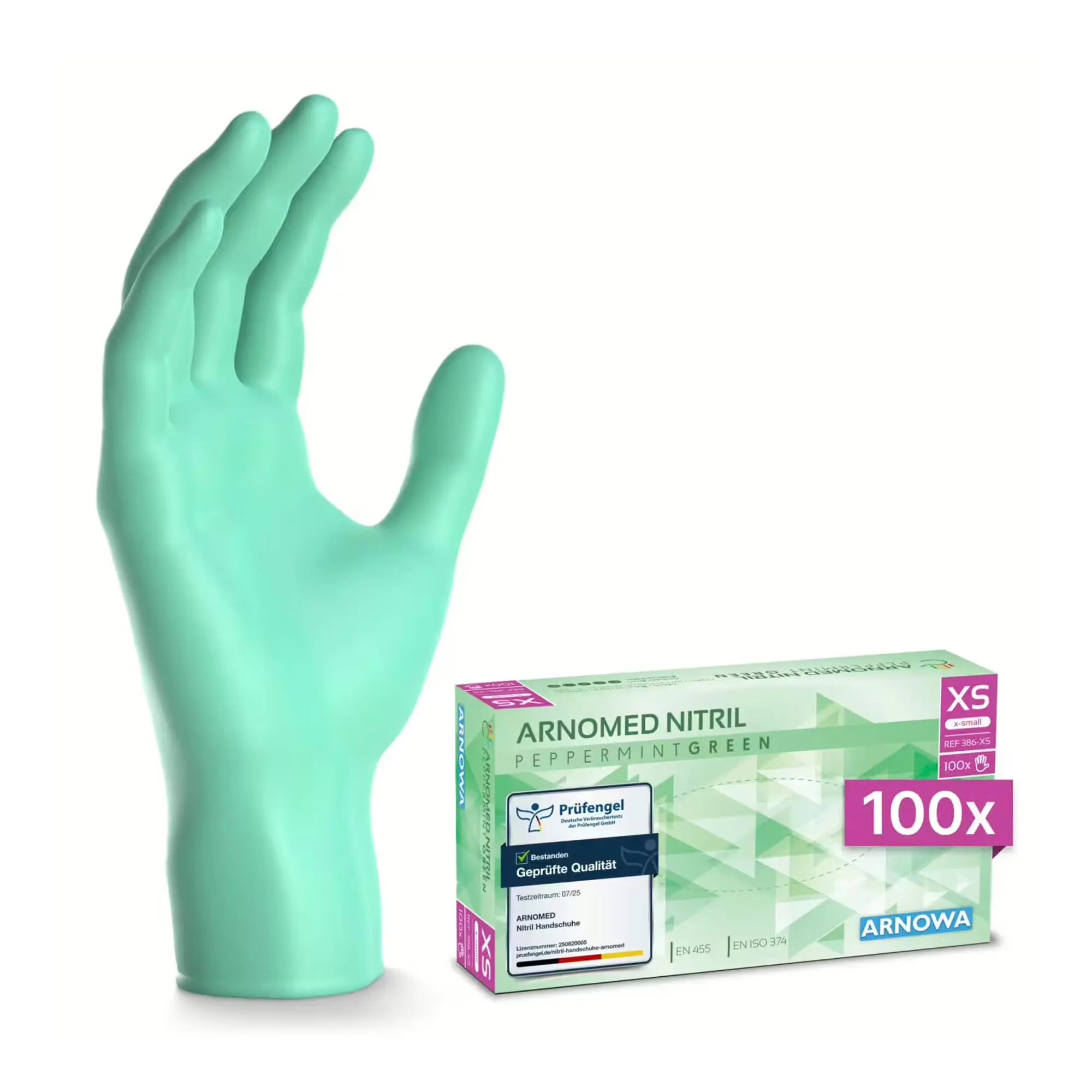 ARNOMED Nitril Peppermint Green Einweghandschuhe XS, mintgrüne puderfreie Nitrilhandschuhe im Spenderkarton, 100 Stück für Medizin, Pflege und Hygiene, REF 396-XS