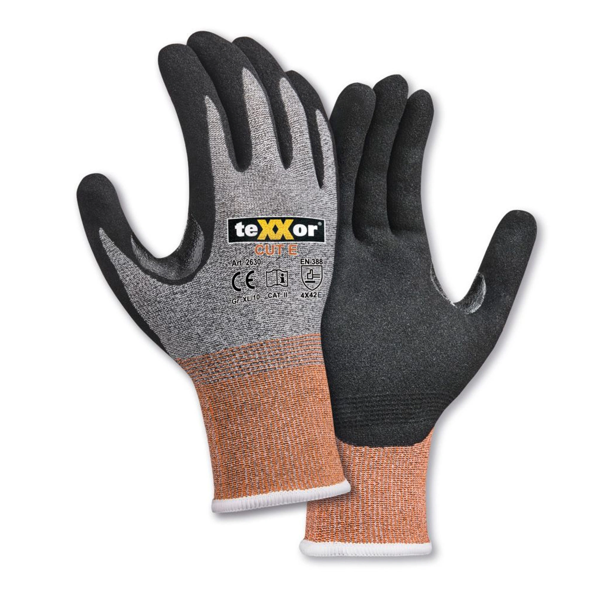 teXXor 2630, CUT E Schnittschutzhandschuhe grau-meliert/orange/schwarz, VE 144 Paar