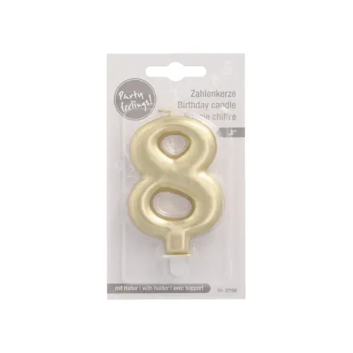 PAPSTAR Zahlenkerze mit Halter 7 cm gold "8" aus Paraffin, raucharme Geburtstagskerze für Torten und Jubiläen, Art. 37168