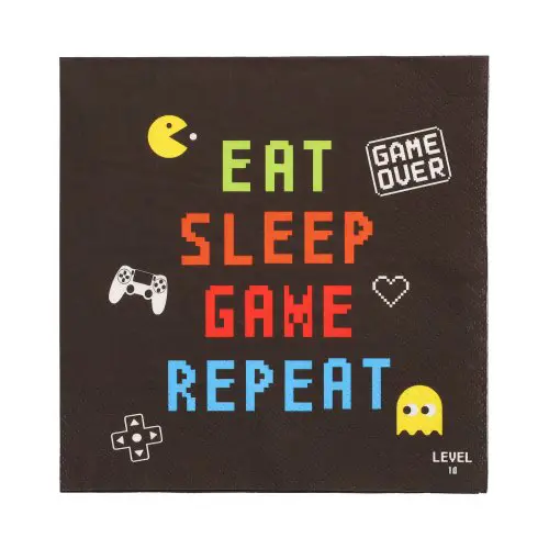 PAPSTAR Servietten „Gamer“, 3-lagig, 1/4-Falz, 33 x 33 cm, mit buntem EAT SLEEP GAME REPEAT Schriftzug und Gaming-Symbolen wie Controller und Pacman, Artikel 37183