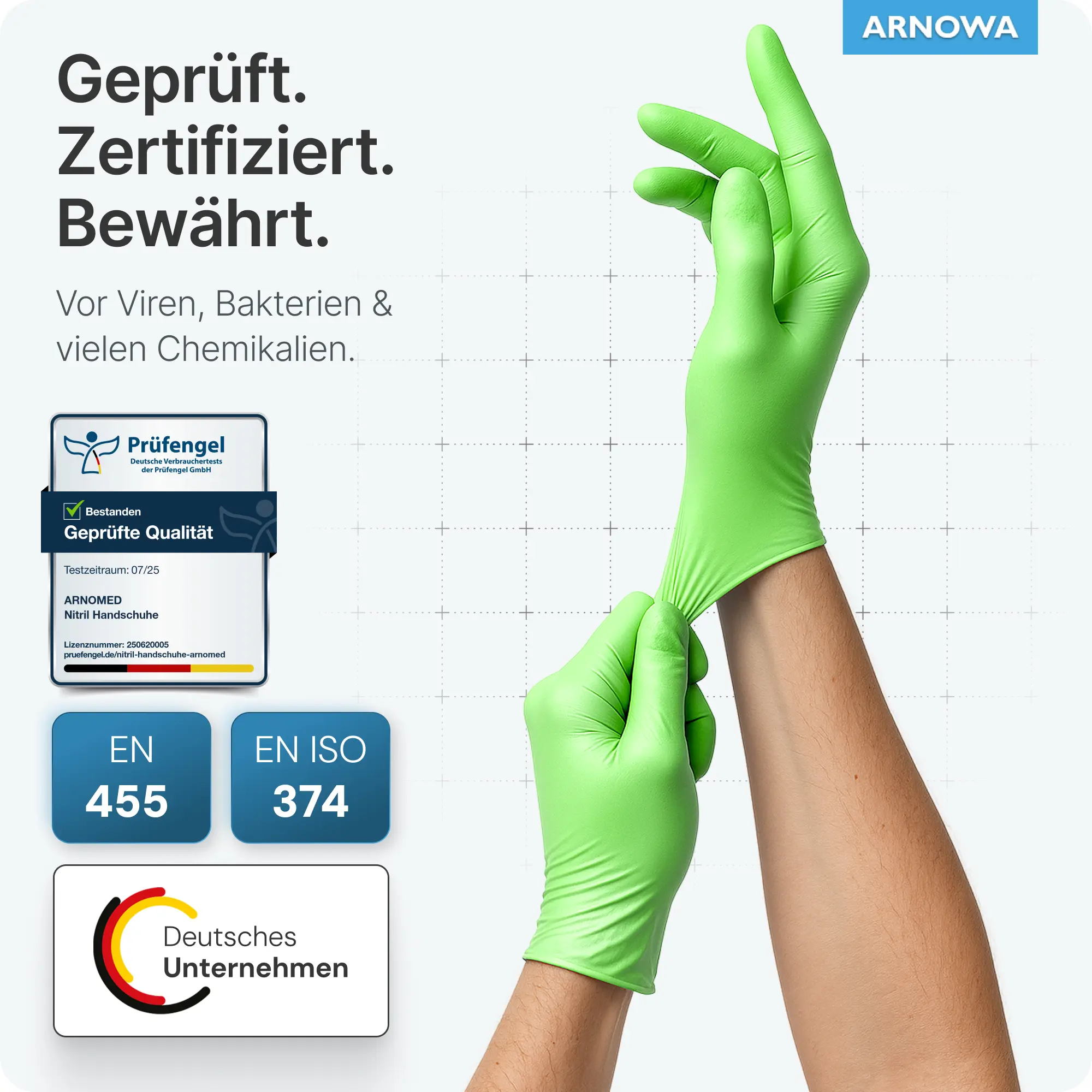 ARNOMED RAINBOW NITRIL LIME GREEN Nitrilhandschuhe grün puderfrei, elastische latexfreie Nitril-Einmalhandschuhe für Medizin, Pflege und Labor, geprüft nach EN 455 und EN ISO 374, VE 100 Stück, deutsches Unternehmen