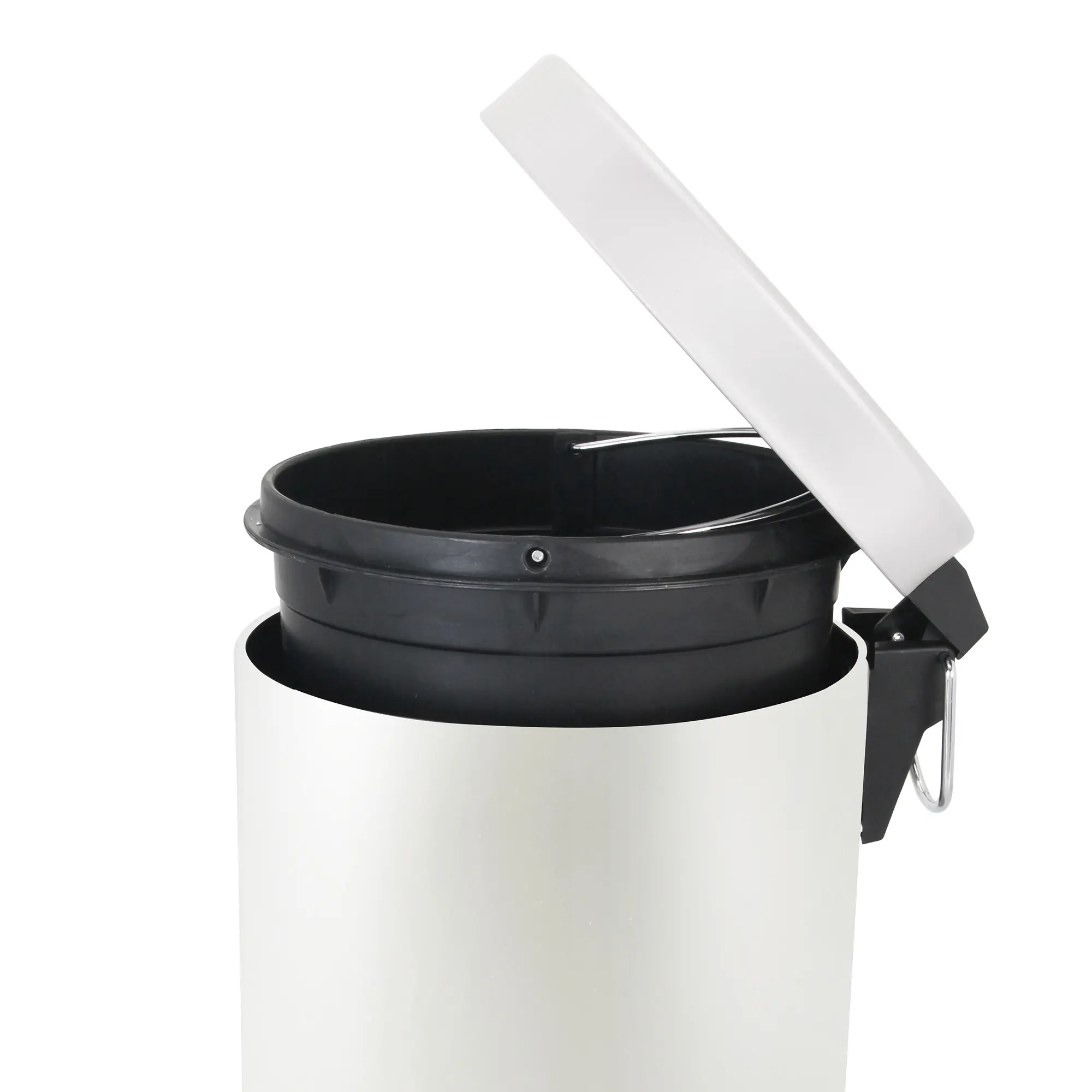 V-Part Tretabfalleimer 12 Liter mit herausnehmbarem Kunststoff-Inneneimer, weiß lackierter Korpus und geöffnetem Deckel, Hersteller V-Part