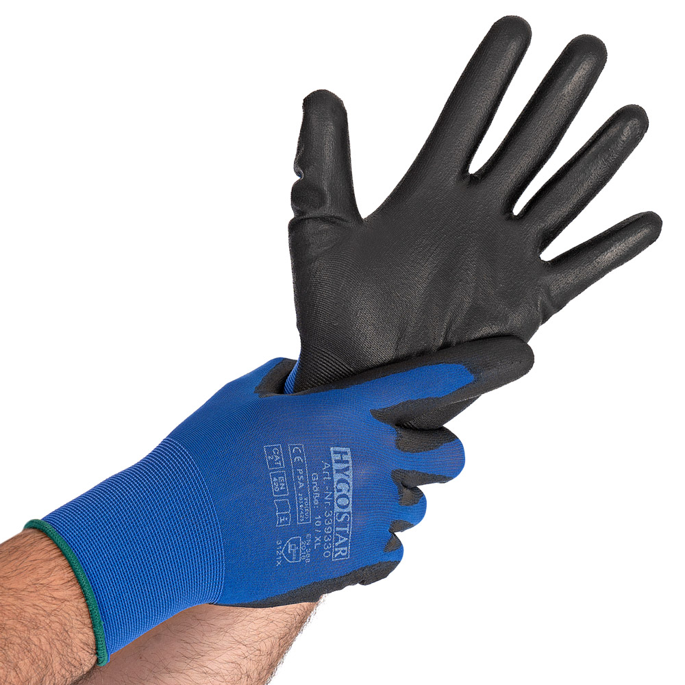 Hygostar Ultra Light Feinstrickhandschuhe mit Polyurethan-Beschichtung blau/schwarz, VE 120 Paar