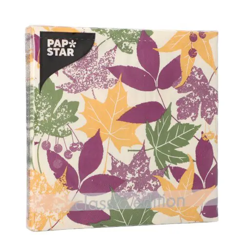 PAPSTAR Servietten 3-lagig 1/4-Falz 33x33 cm Autumn Leaves mit buntem Herbstlaub-Dekor in Gelb, Grün und Violett, FSC-zertifizierte Tissue-Servietten, Artikel 37097