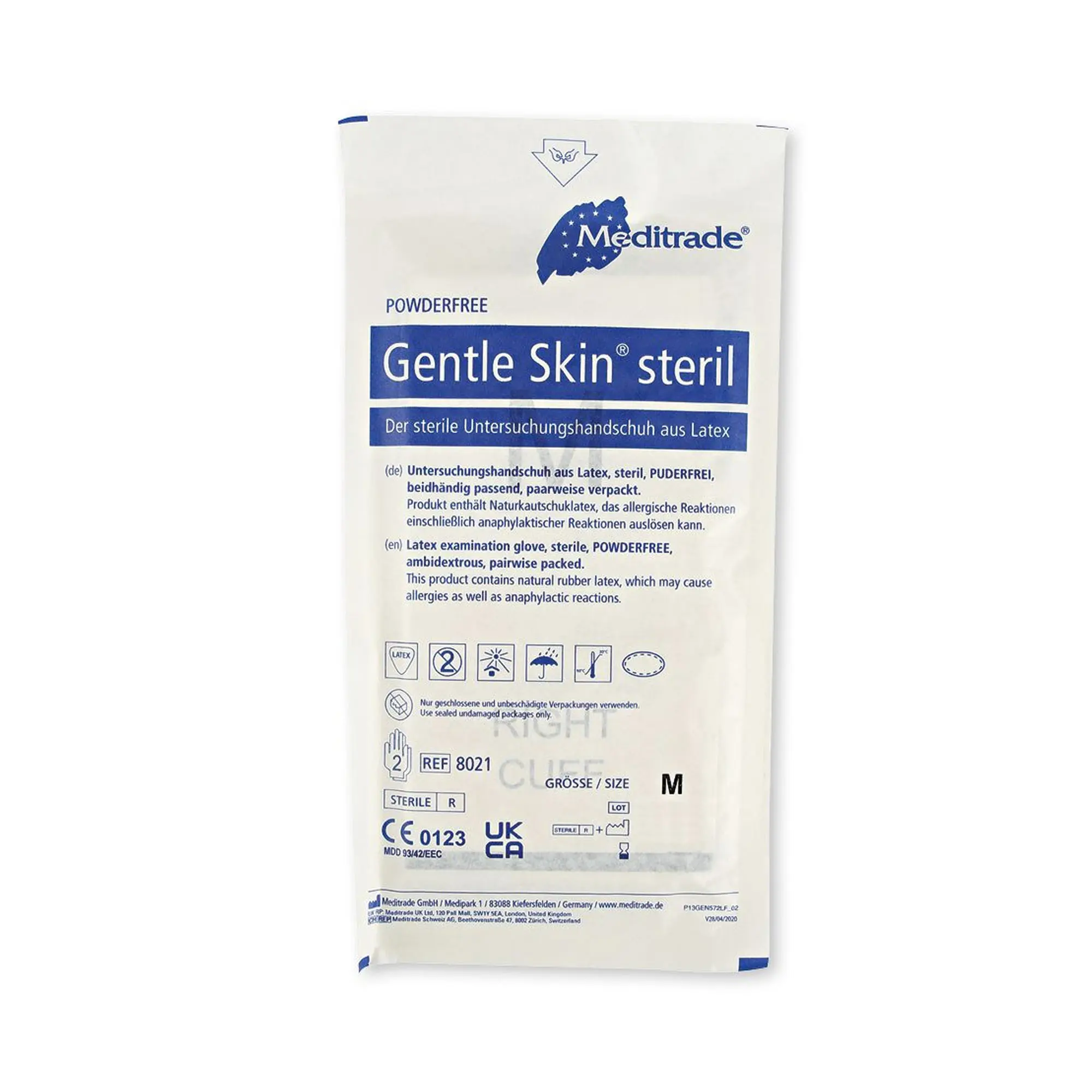 Meditrade Gentle Skin steril Latexhandschuhe weiß puderfrei, VE 200 Paar – sterile, puderfreie Latex-Untersuchungshandschuhe mit hoher Griffsicherheit für Alten- und Krankenpflege, chirurgische Eingriffe, Verbandwechsel und Punktionen, REF 8021