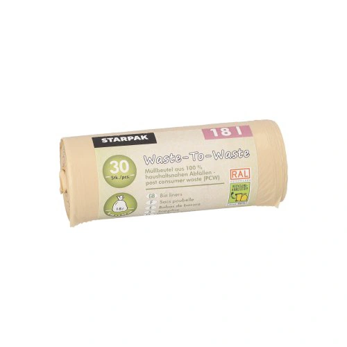 Starpak Müllbeutel aus 100% PCW Waste-To-Waste 18 l, beige, 52 x 46 cm, 10 my, umweltfreundliche LDPE-Müllsäcke auf Rolle von PAPSTAR