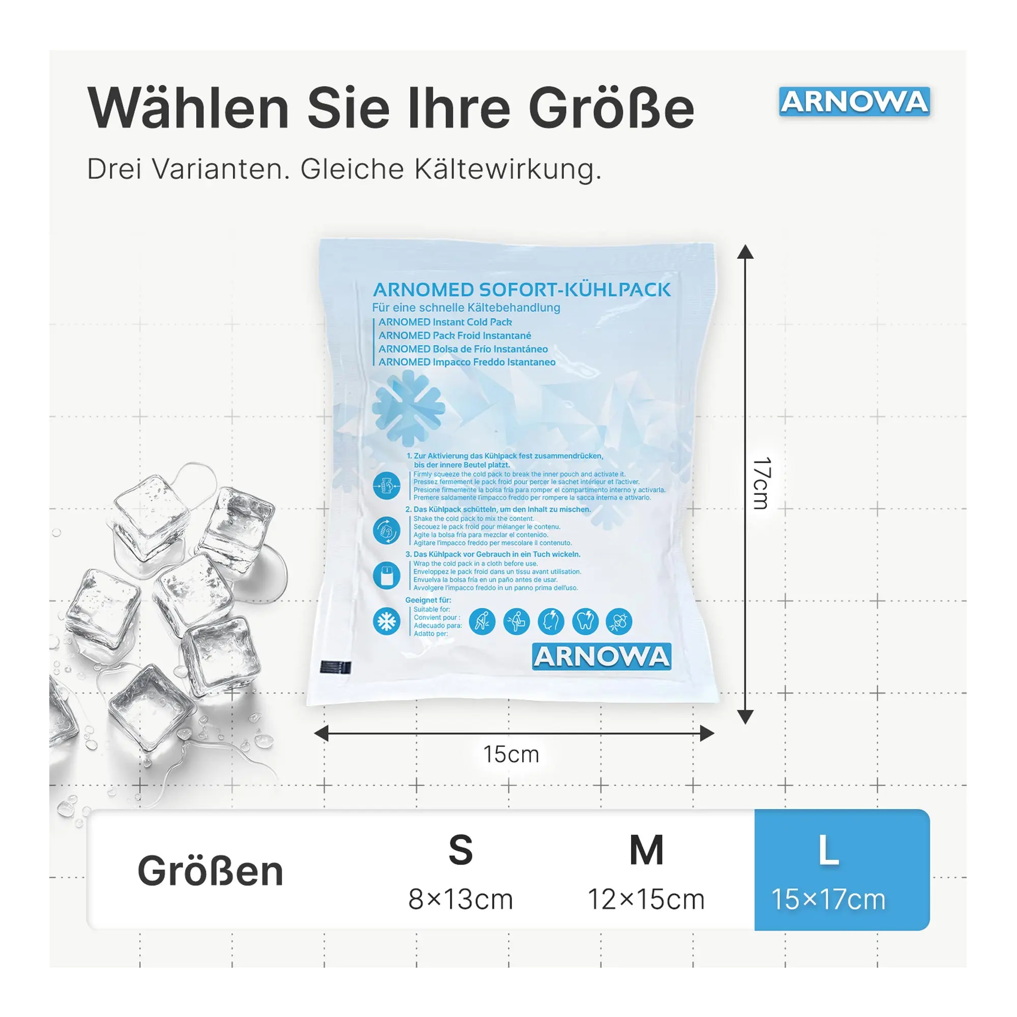 ARNOMED Sofort-Kühlpack zur Kältebehandlung, Einweg, Größe L 15x17 cm, 10 Stück, schnelle Kälteanwendung bei Prellungen, Verstauchungen und Muskelkater