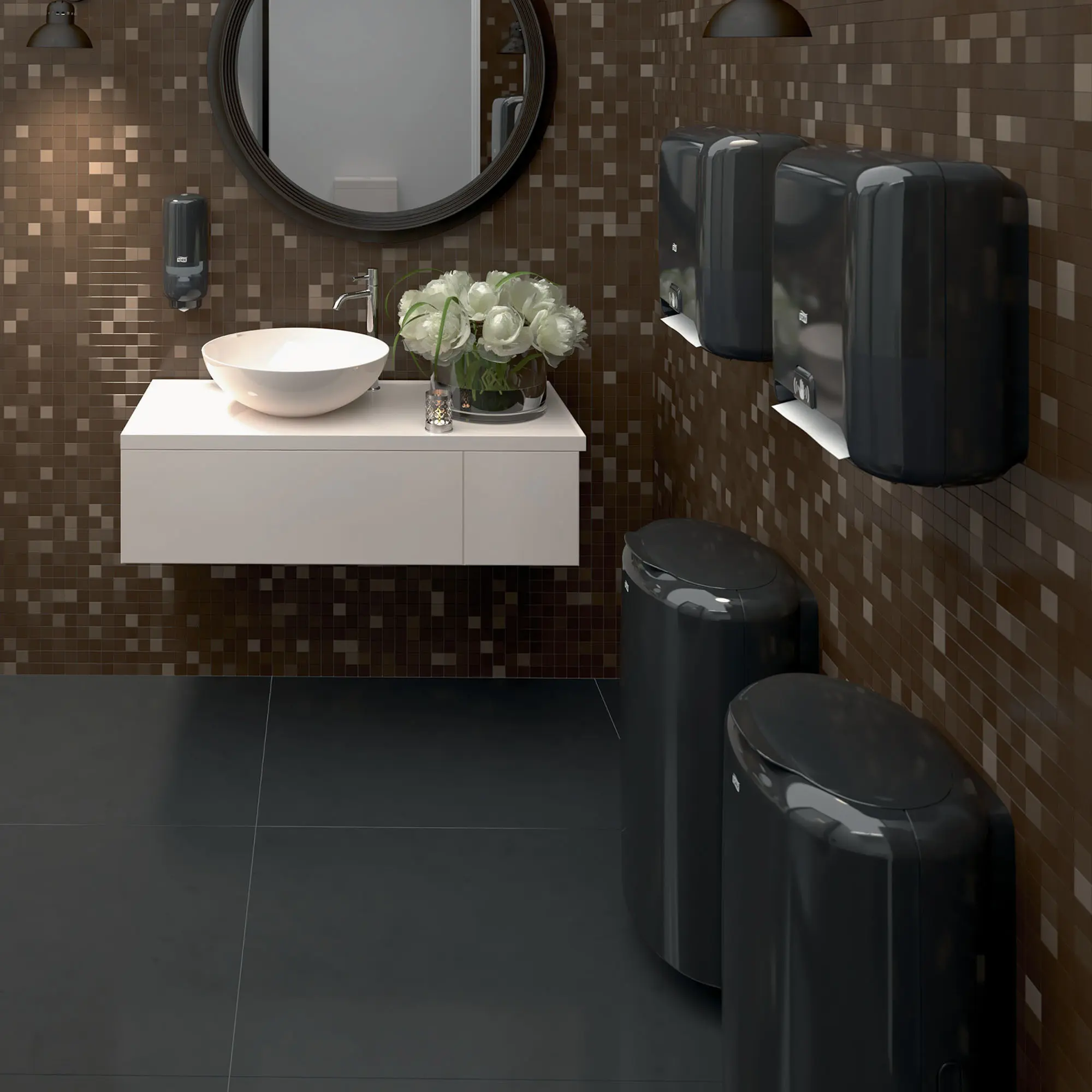 Tork Matic Elevation Sensorspender für Rollenhandtücher H1 in schwarzer Ausführung an der Wand eines modernen Waschraums mit berührungsloser Einzelblattausgabe, Artikel 551100 551108