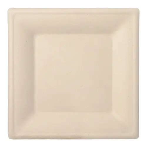 PAPSTAR Teller, Zuckerrohr "pure" eckig 26 cm x 26 cm natur, stabiler kompostierbarer Einwegteller aus Bagasse, mikrowellengeeignet bis 800 W