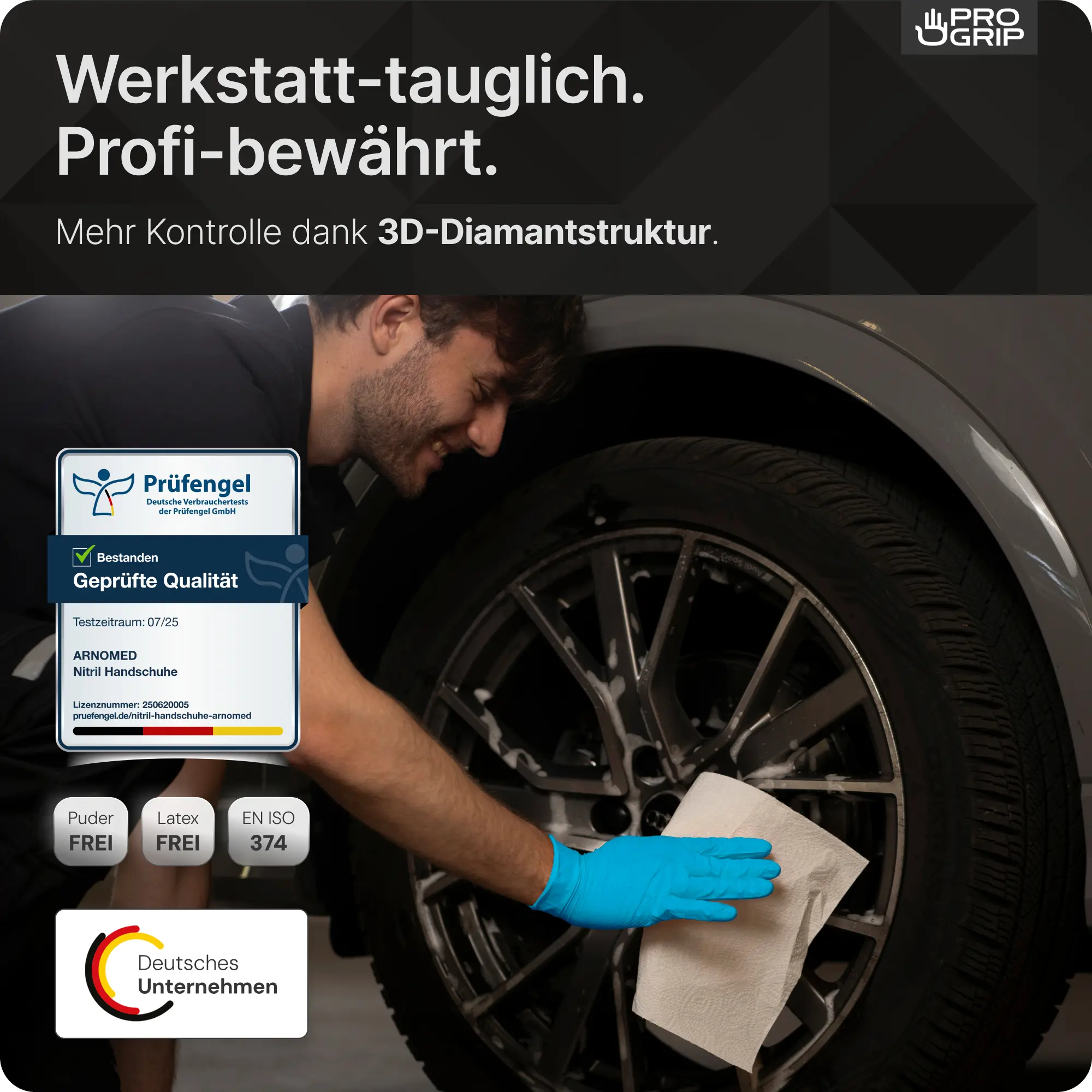 ARNOMED PROGRIP NITRIL DIAMOND BLUE Nitrilhandschuhe blau puderfrei, extra griffige 3D-Diamantstruktur, latexfrei, geprüfte Qualität für Werkstatt, Gastronomie, Reinigung und Lebensmittelindustrie, VE 50 Stück