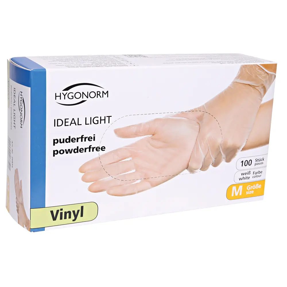 Hygonorm Ideal Light Vinylhandschuhe transparent puderfrei aus leichtem Vinyl, latexfrei, unsteril, für Lebensmittelindustrie, Gastronomie, Pflege und Medizin, VE 1000 Stück