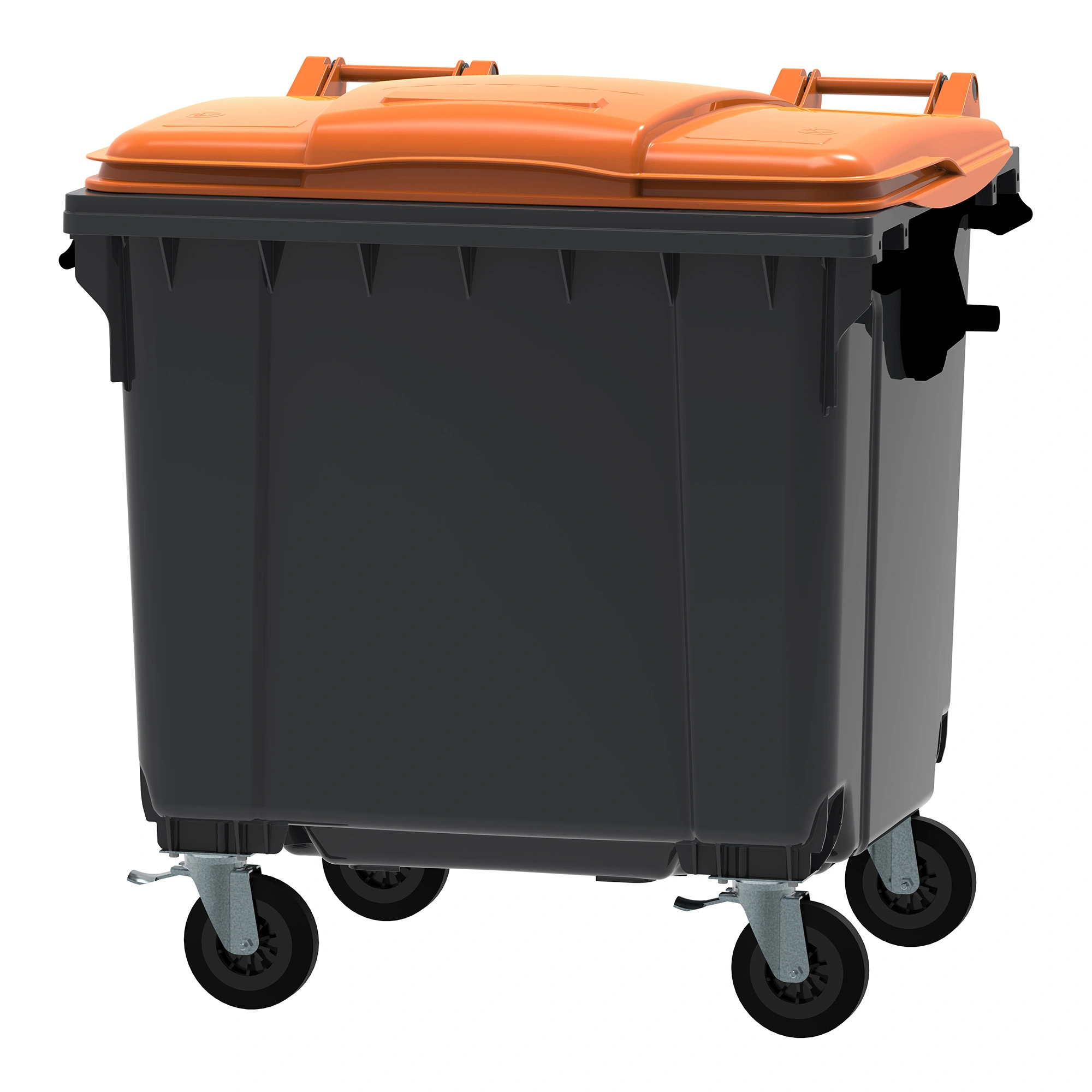 Vepa Bins Großraummüllcontainer 1100 Liter mit Flachdeckel zweifarbig in Grau-Orange, aus UV-beständigem PE-HD-Kunststoff mit 4 Vollgummirädern und zwei Feststellbremsen, EN-840-zertifiziert