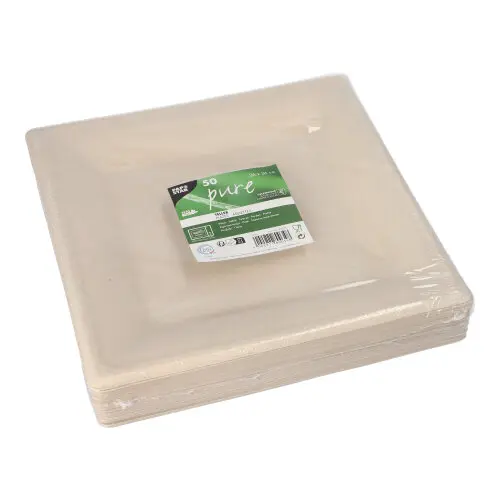 PAPSTAR Teller, Zuckerrohr "pure" eckig 26 x 26 cm natur, stabiler kompostierbarer Einwegteller aus Bagasse, mikrowellengeeignet und nachhaltig