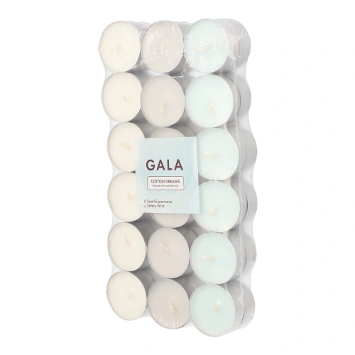 PAPSTAR "GALA" Duftlichte Ø 3,8 cm, 1,7 cm weiß - Cotton Dreams "Ton in Ton", 8 x 36 Stück