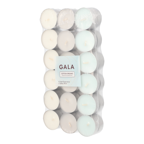 PAPSTAR "GALA" Duftlichte Ø 3,8 cm, 1,7 cm weiß - Cotton Dreams "Ton in Ton", 8 x 36 Stück