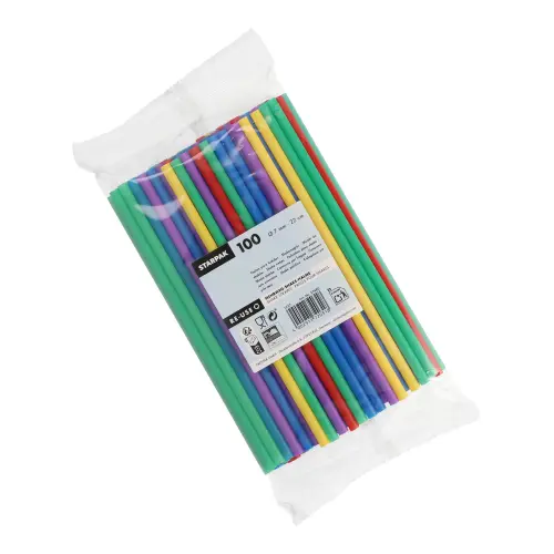 Starpak Mehrweg-Shake-Halme PP Ø 7 mm, 22 cm farbig sortiert von PAPSTAR, robuste Mehrweg-Trinkhalme in Blau, Lila, Rot, Gelb und Grün, ideal für Shakes, Smoothies und Softdrinks