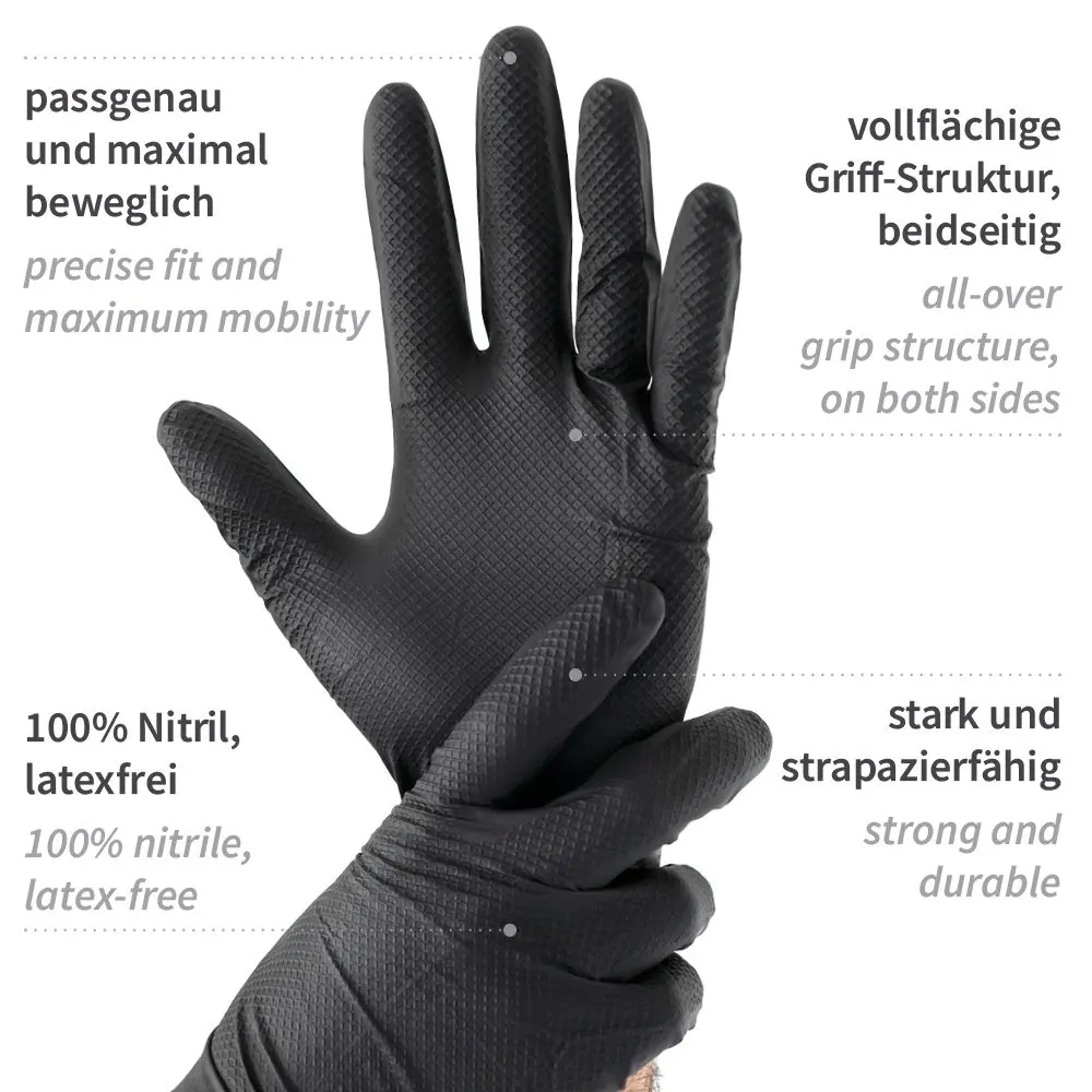 Hygostar Power Grip Light Nitrilhandschuhe schwarz puderfrei mit vollflächiger Fischschuppen-Griffstruktur, passgenau, latexfrei und strapazierfähig, VE 1000 Stück