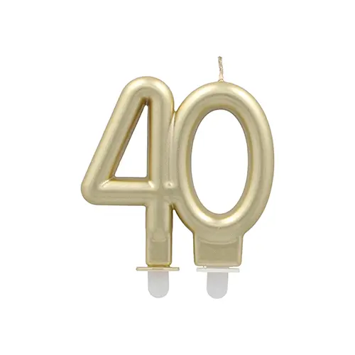 PAPSTAR Jubiläumskerzen mit Halter 7 cm gold "40", goldene Paraffin-Zahlenkerze mit stabilem Halter für 40. Geburtstag oder Jubiläum, Art.-Nr. 37144