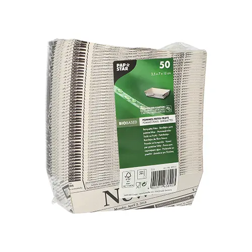 PAPSTAR Pommes-Frites-Trays 3,5 x 7 x 12 cm weiß "Newsprint" aus FSC-zertifiziertem fettdichtem Karton, nachhaltige Pommes-Schalen für Streetfood und Food-to-go, 600 Stück, Art.-Nr. 89111