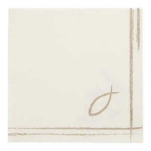 PAPSTAR Servietten "ROYAL Collection" 1/4-Falz 40 x 40 cm Communion / Confirmation in Creme mit goldfarbenem Fischmotiv und Randdekor, Artikel 37042