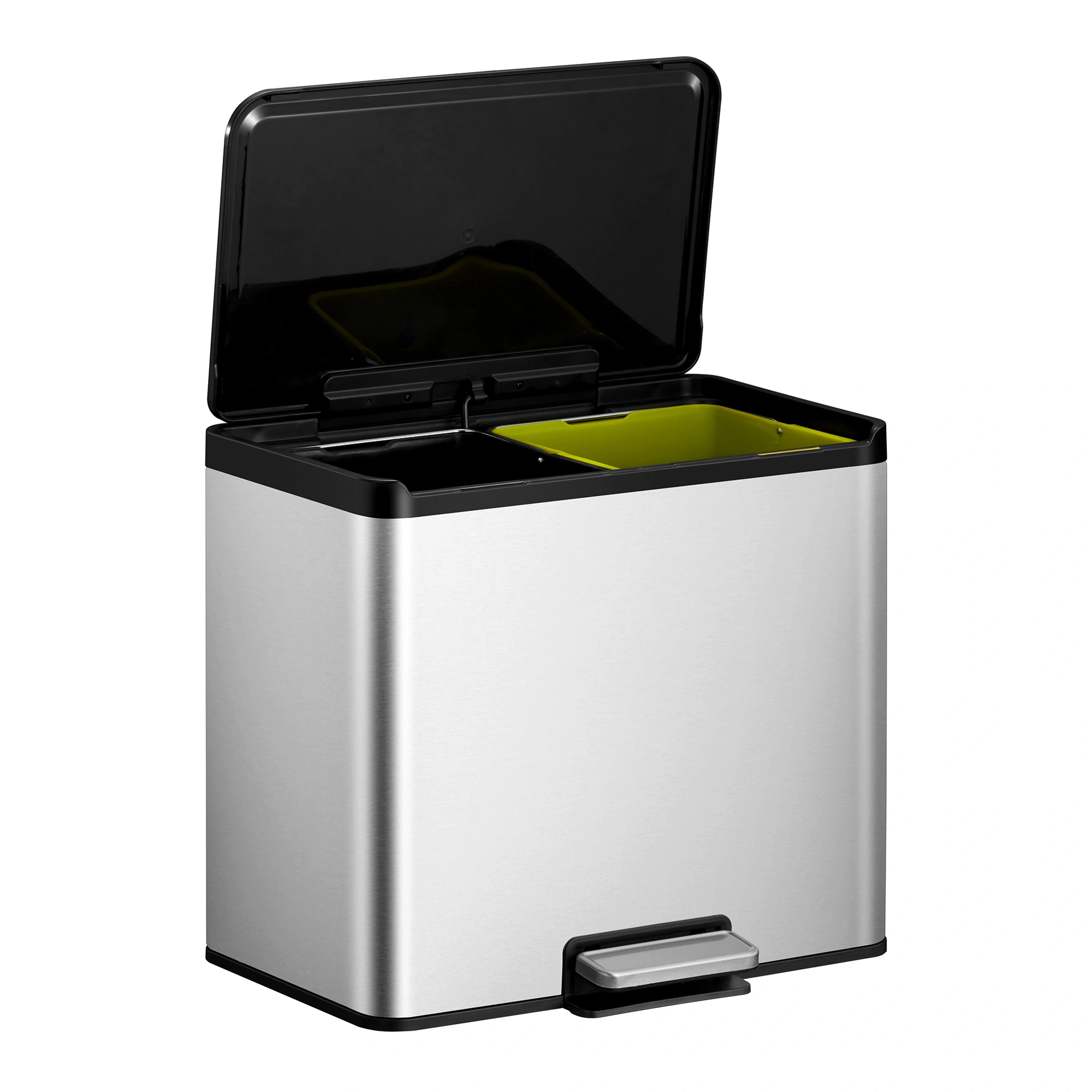 EKO Essential 2 Recycler Treteimer 2 x 15 Liter aus gebürstetem Edelstahl mit Pedal, Soft-Close-Klappdeckel und zwei farbigen Inneneimern, Artikelnummer 31184682