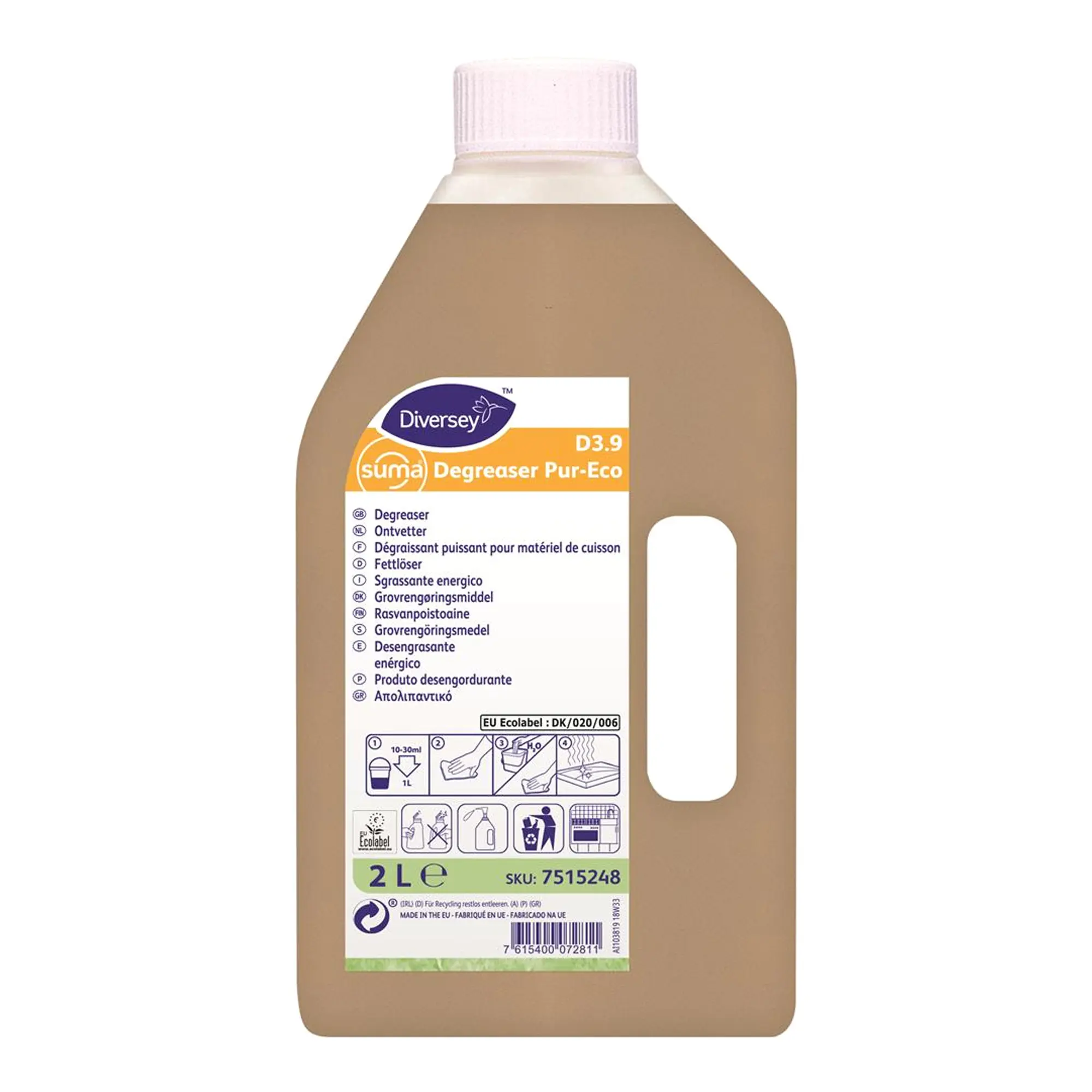 Suma Degreaser Pur-Eco D3.9 extra starker Fettlöser von Diversey, gebrauchsfertiger Küchenreiniger mit EU Eco-Label für hartnäckige Fette und Öle, 2 Liter, SKU 7515248