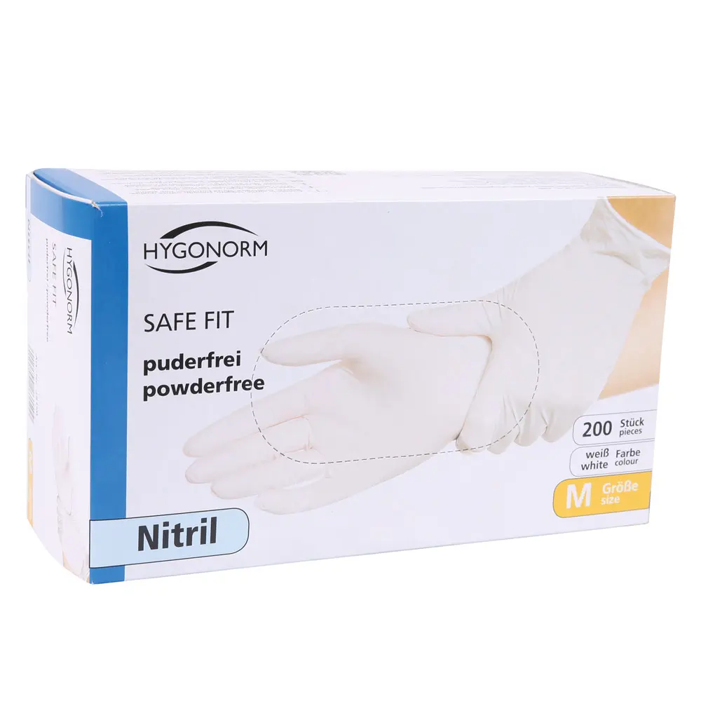 Hygonorm Safe Fit Nitril-Handschuhe weiß puderfrei, VE 1000 Stück in Spenderbox für hygienischen Einmalgebrauch in Medizin, Labor und Gastronomie