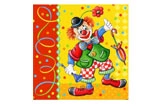 Bunte Servietten mit fröhlichem Clown-Motiv auf gelbem Hintergrund mit Konfetti und Luftschlangen, ideal für Kindergeburtstag und Karneval, Artikelnummer 12119