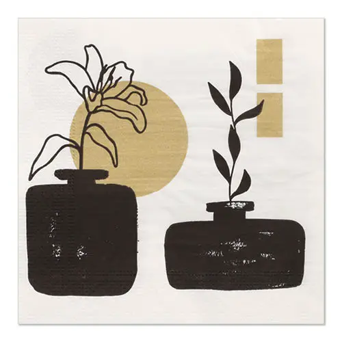 PAPSTAR Servietten, 3-lagig 1/4-Falz 33 cm x 33 cm gold "Modern Vases" mit modernem schwarzen Vasen- und Pflanzenmotiv auf weißem Hintergrund, FSC-zertifiziert, 89130