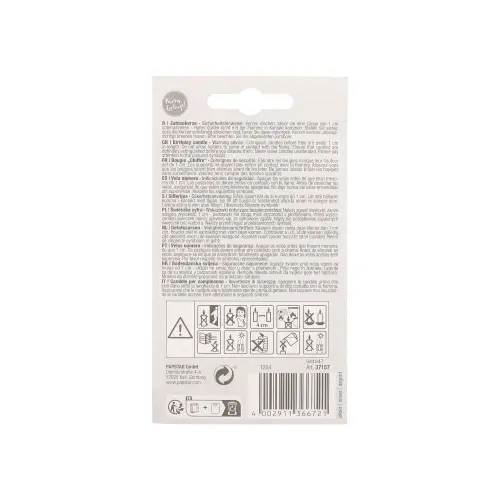 PAPSTAR Zahlenkerze mit Halter 7 cm silber "2" in Originalverpackung, Rückseite mit Sicherheitssymbolen, Pflege- und Warnhinweisen, Art.-Nr. 37157