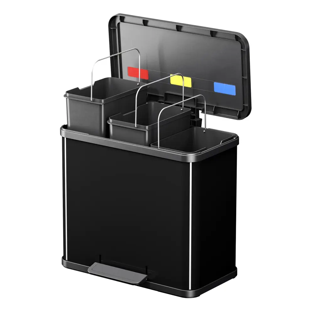 Hailo Öko trio Plus L 3x9 Liter Tretmülltrenner in Schwarz mit drei herausnehmbaren Inneneimern, Soft-Close-Deckel und farbigen Sortiermarkierungen