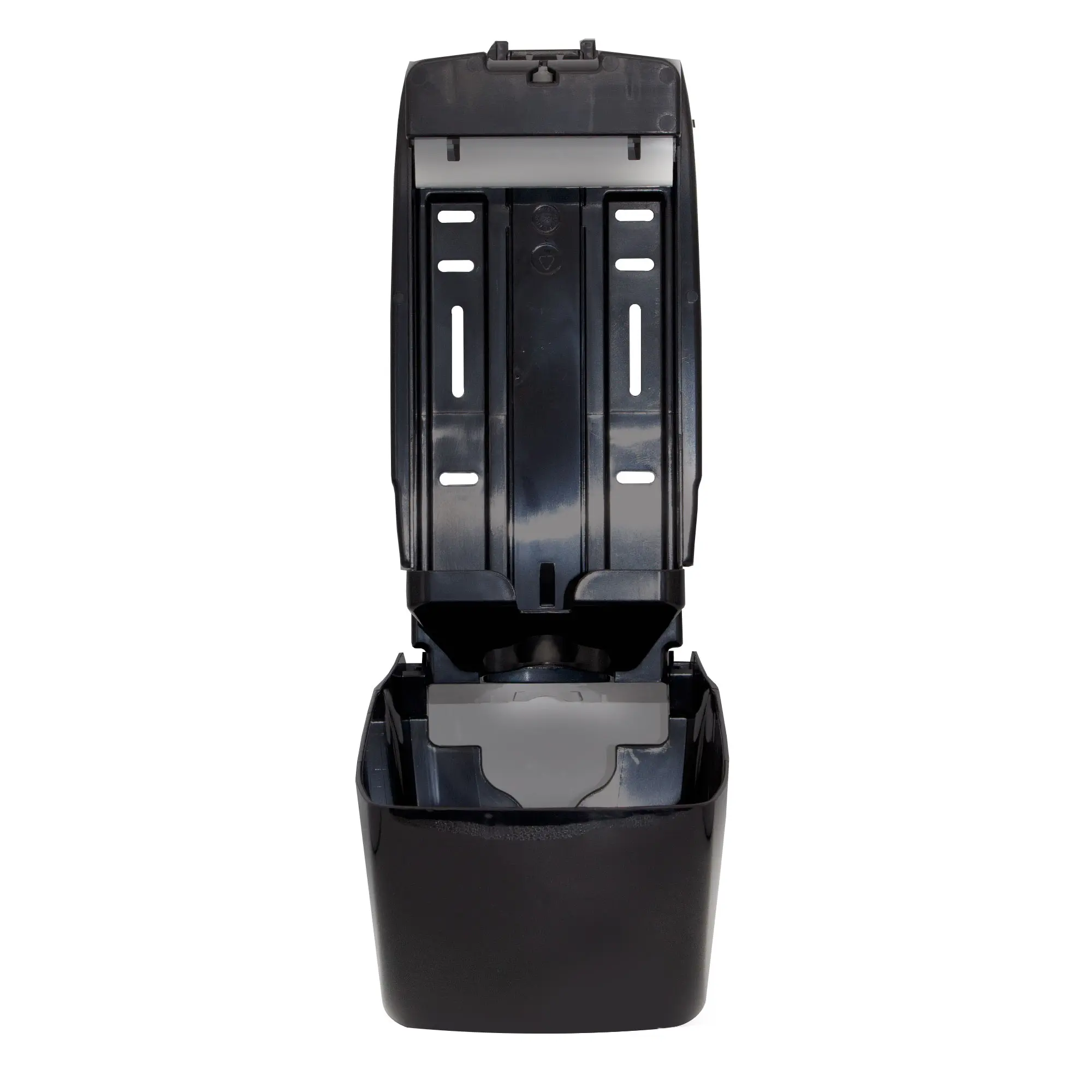 Kimberly-Clark Aquarius 6946, 7172 Einzelblatt-Toilettenpapierspender in Schwarz, geöffnet zur Befüllung mit Toilettenpapier, Artikelnummer 6946 7172