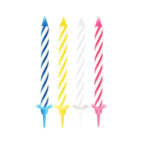 PAPSTAR Geburtstagskerzen mit Halter 6 cm farbig sortiert, Spiral-Design in Blau, Gelb, Weiß und Pink, Länge 6 cm, ideal zur Dekoration von Geburtstagstorten, Art.-Nr. 12730