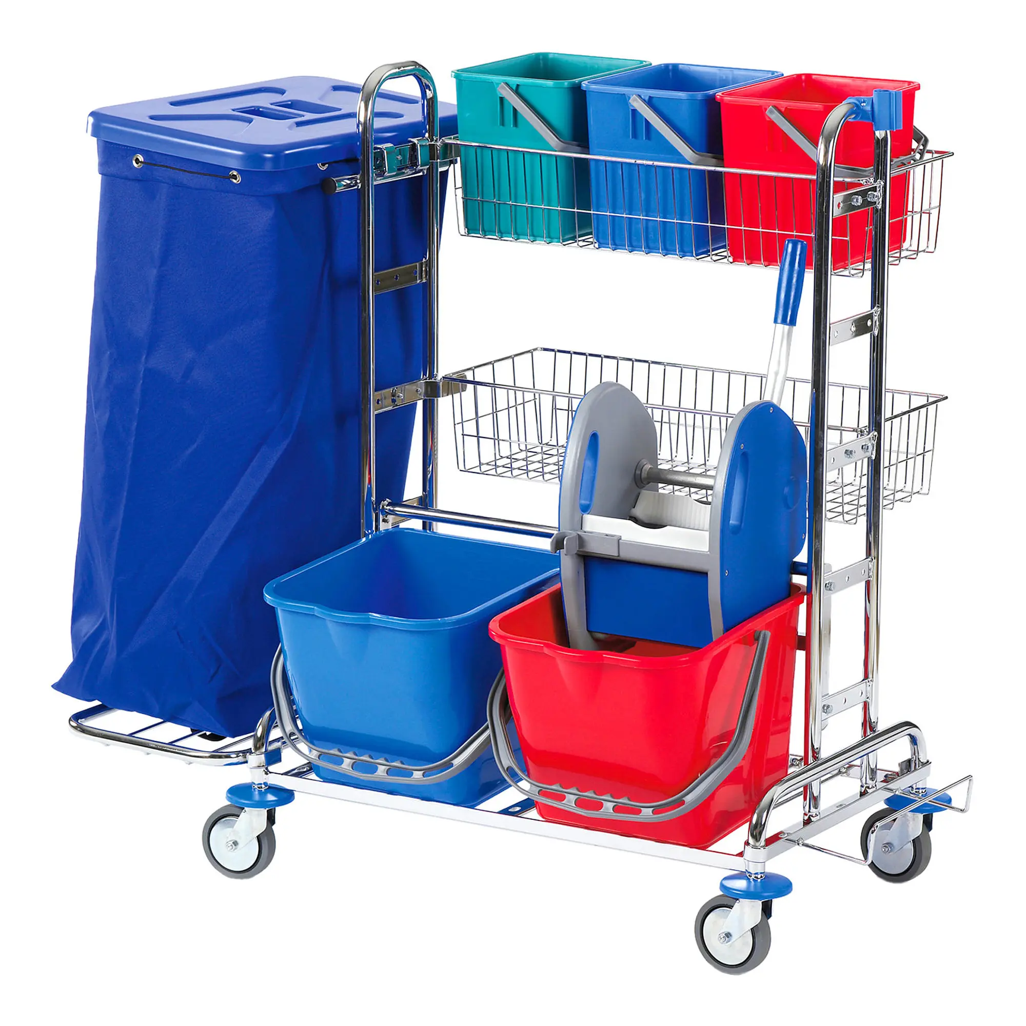 Floorstar SOLID RW 2 2-120 Reinigungswagen, verchromter Putzwagen mit Zwei-Eimer-Wischeinheit, Halterahmen für 2 x 120 l Abfallsäcke, Utensilienkörben und farbigen Eimern