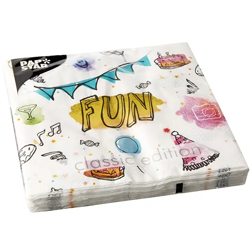 PAPSTAR Servietten, 3-lagig 1/4-Falz 33 cm x 33 cm "Fun", umweltfreundliche FSC-zertifizierte Tissue Partyservietten mit buntem Motivdruck und Schriftzug FUN