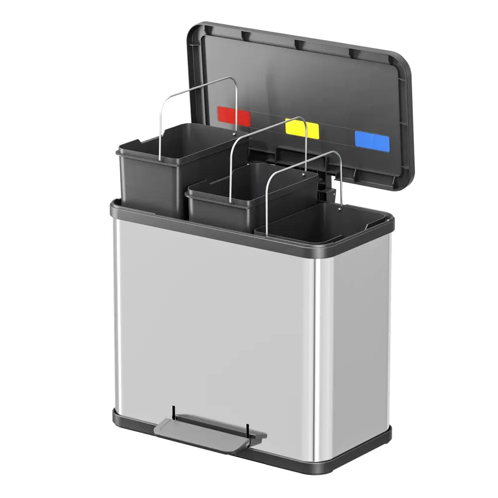 Hailo Öko trio Plus L 3x9 Liter Tretmülltrenner aus Edelstahl mit drei herausnehmbaren Inneneimern und Soft-Close-Tretmechanik zur Mülltrennung