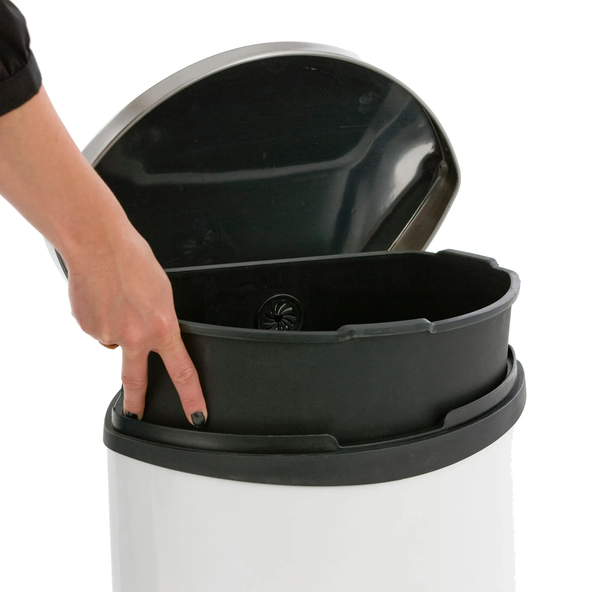 EKO Shell Bin Tretabfallbehälter 30 Liter aus Edelstahl mit halbrundem Muschel-Design, herausnehmbarer Kunststoff-Inneneimer wird per Hand entnommen, fingerabdruckresistent, Art.-Nr. 10060738