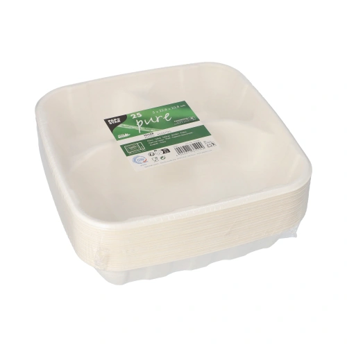 PAPSTAR Teller Zuckerrohr "pure" 3-geteilt 5 cm x 22,8 cm x 22,8 cm, 4 x 25 Stück