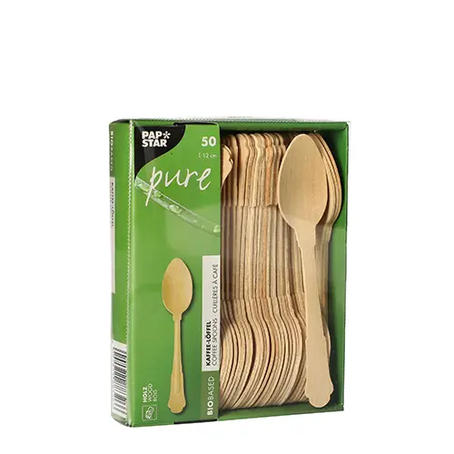PAPSTAR Kaffeelöffel, Holz "pure" 12 cm natur Vintage, stabile geschmacksneutrale Kaffeelöffel aus Holz im grünen Karton, 50 Stück je Packung