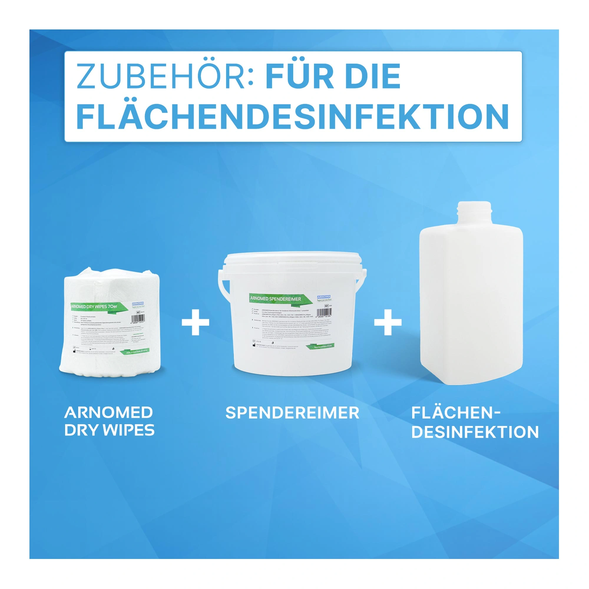 ARNOMED DRY WIPES Trockene Vliestücher, 28 x 30 cm zur professionellen Flächendesinfektion, gezeigt mit ARNOMED Spendereimer und Flächendesinfektionsmittel, Hersteller ARNOMED