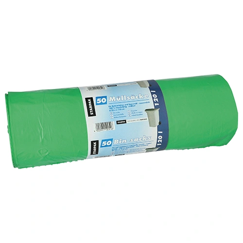 Starpak Müllsäcke LDPE 120 l 110 x 70 cm grün 40 my, stabile Müllbeutel auf Rolle, 4 x 50 Stück im Karton von PAPSTAR