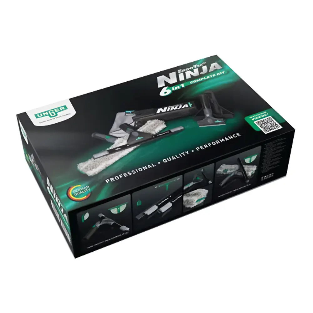Unger ErgoTec Ninja Komplett-Set 6 in 1 Glasreinigungsset, 6-teilig von Unger, mit Fensterwischer, Einwascher, MicroWipe Glastuch, Glasschaber, Bucket on a Belt und Holster für streifenfreie Fensterreinigung