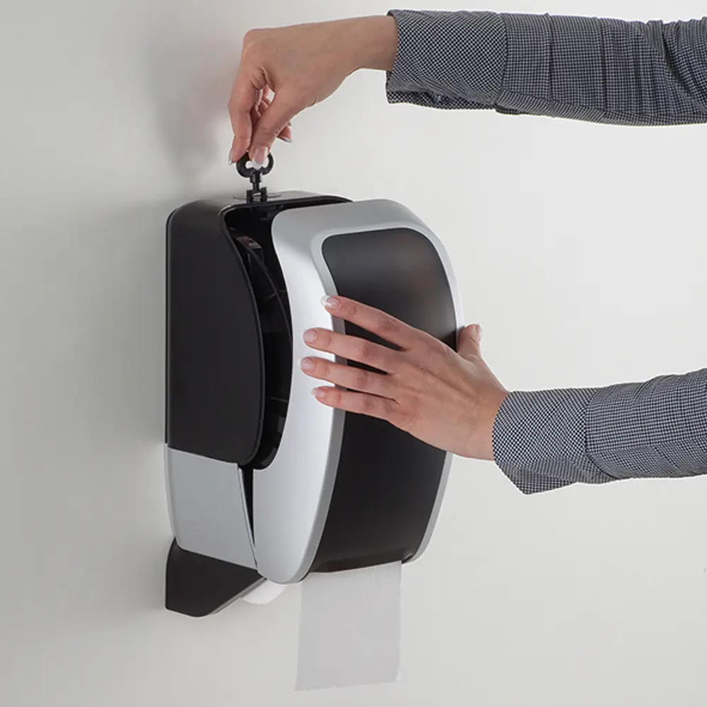 Cosmos Toilettenpapierspender für 2 Rollen von JM Metzger, weiß-schwarz, abschließbarer System-Toilettenpapierspender für kernlose WC-Papierrollen