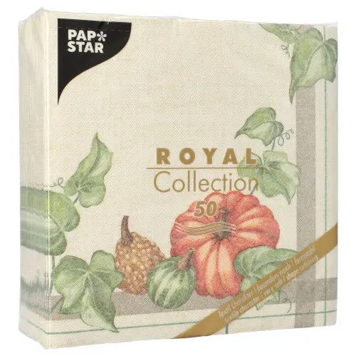 PAPSTAR Servietten "ROYAL Collection" 1/4-Falz 40 x 40 cm Pumpkin, hochwertige Premium-Servietten in Stoffoptik mit Kürbis- und Blätter-Motiv, FSC-zertifiziert und kompostierbar, Packung mit 50 Servietten
