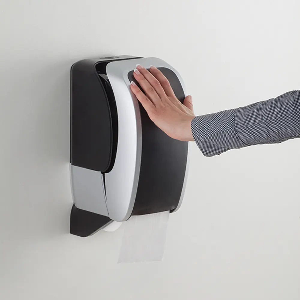 Cosmos Toilettenpapierspender für 2 Rollen von JM Metzger in schwarz-weiß, wandmontierter System-Toilettenpapierspender mit Bedienung per Hand