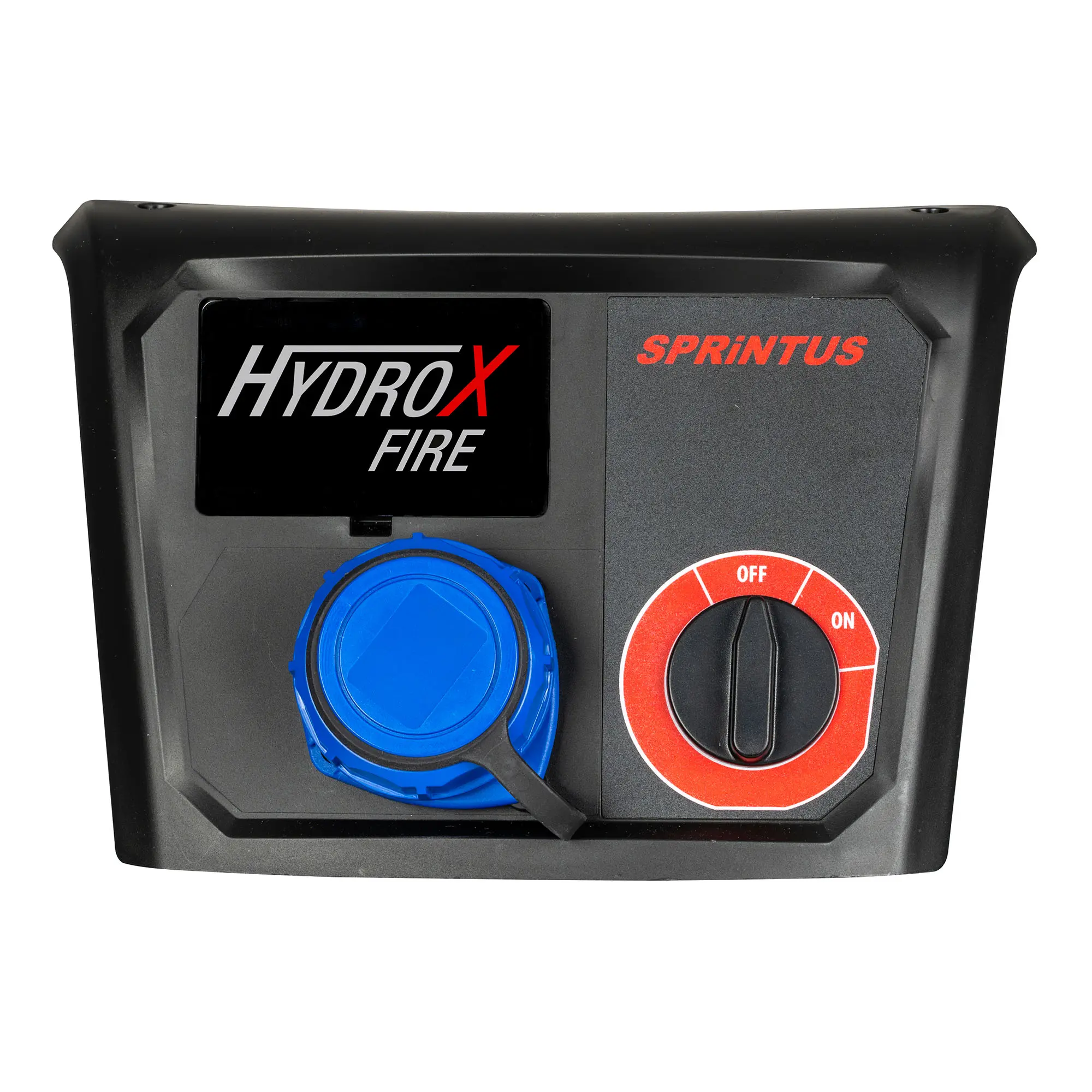 Sprintus HydroX Fire Pumpsauger Bedienfeld mit blauem Anschluss und rotem Ein-Aus-Schalter für professionelle Wasserförderung bei Feuerwehr und THW