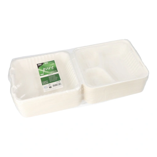 PAPSTAR Menüboxen, Zuckerrohr "pure" 3-geteilt 7,7 cm x 20 cm x 22 cm weiß, 4 x 50 Stück