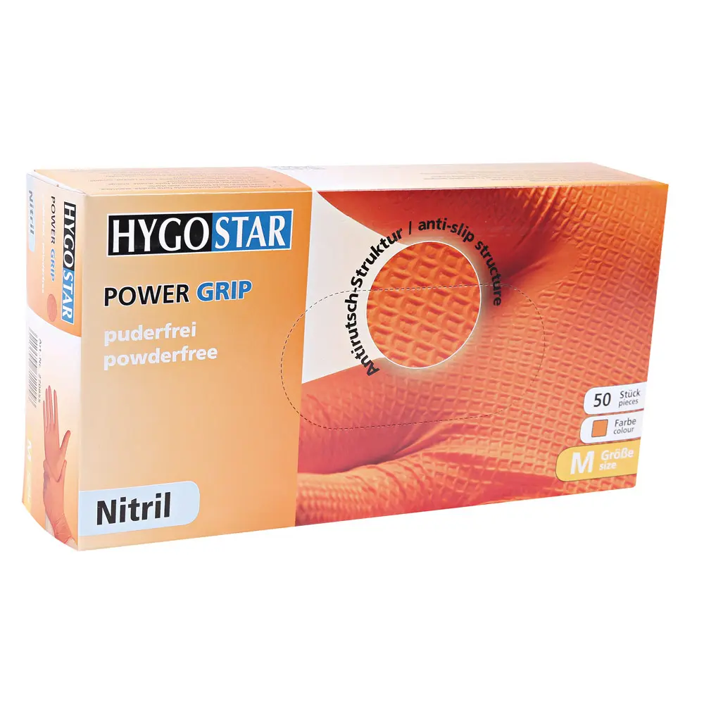 Hygostar Power Grip Nitrilhandschuhe orange puderfrei aus schwerem Nitril, texturierte Oberfläche für sicheren Griff bei Nässe und Öl, VE 500 Stück